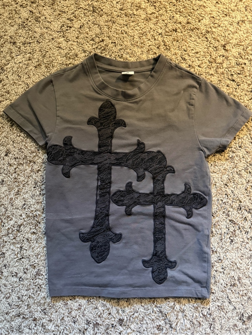 Girls Gray Short Sleeve Tee with Black Cross Appliqués